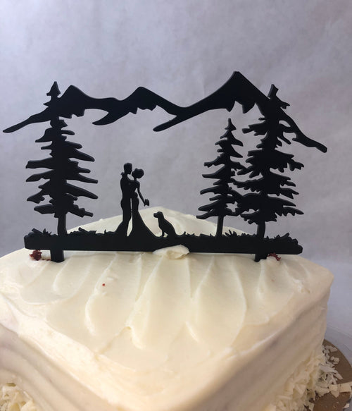 Cake Topper Wedding Couple Outdoors With Dog. Dog Cake Topper. - C & A Engraving and Gifts