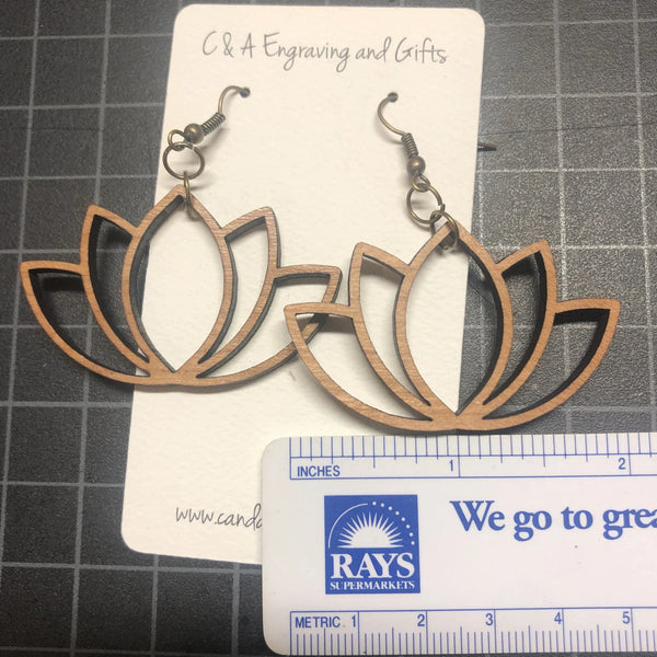 Lotus Flower Wooden Dangle Earrings. Stained Birch Wood Laser Cut Earrings. - C & A Engraving and Gifts