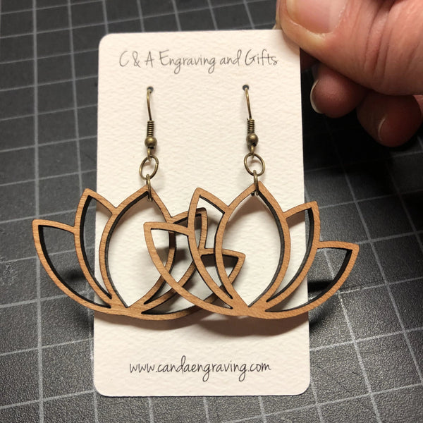 Lotus Flower Wooden Dangle Earrings. Stained Birch Wood Laser Cut Earrings. - C & A Engraving and Gifts