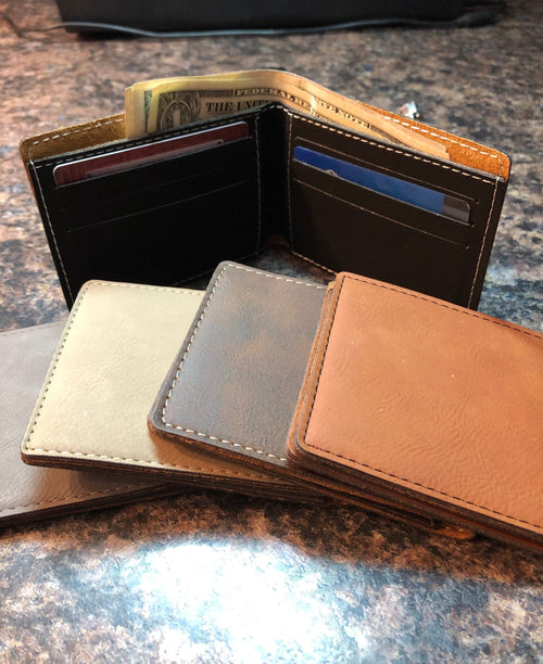 Personalized Engraved Mens Wallet. Groomsman Gift. Mens Bi-Fold Slim Wallet. Tan / Bass