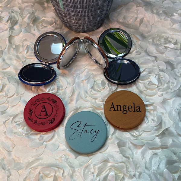Bachelorette Party Favors. Bridesmaid Gift. Personalized Engraved Leatherette Mirror. Compact Mirror Favors. - C & A Engraving and Gifts