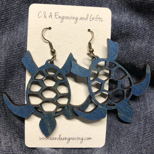 Wooden Turtle Dangle Earrings. Stained Birch Wood Laser Cut Earrings. - C & A Engraving and Gifts