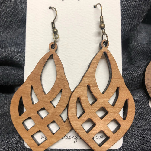Wooden Mesh Teardrop Dangle Earrings. Stained Birch Wood Laser Cut Earrings. - C & A Engraving and Gifts
