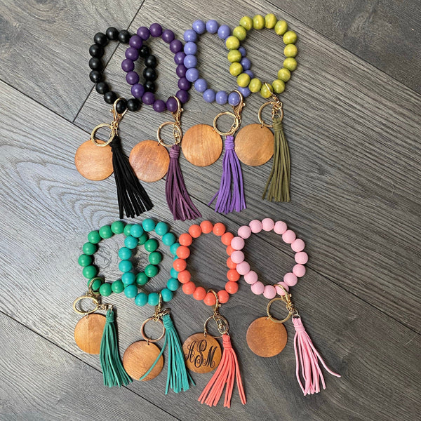 Nurses WOODEN Wristlet Keychain. Stretchy Bangle Wristlet with Engraved Pendant. Bangle Key Ring. Gift for Her. - C & A Engraving and Gifts