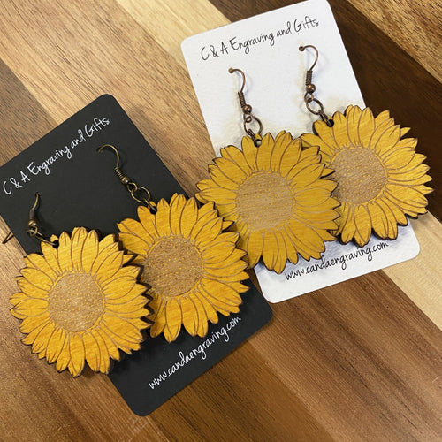 Sunflower Earrings. Stained Birch Wooden Sunflower Dangle Earrings. - C & A Engraving and Gifts