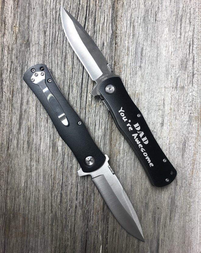 Engraved Knife For Dad. Black Pocket Knife. - C & A Engraving and Gifts