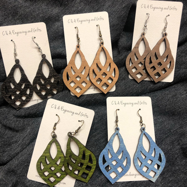 Wooden Mesh Teardrop Dangle Earrings. Stained Birch Wood Laser Cut Earrings. - C & A Engraving and Gifts