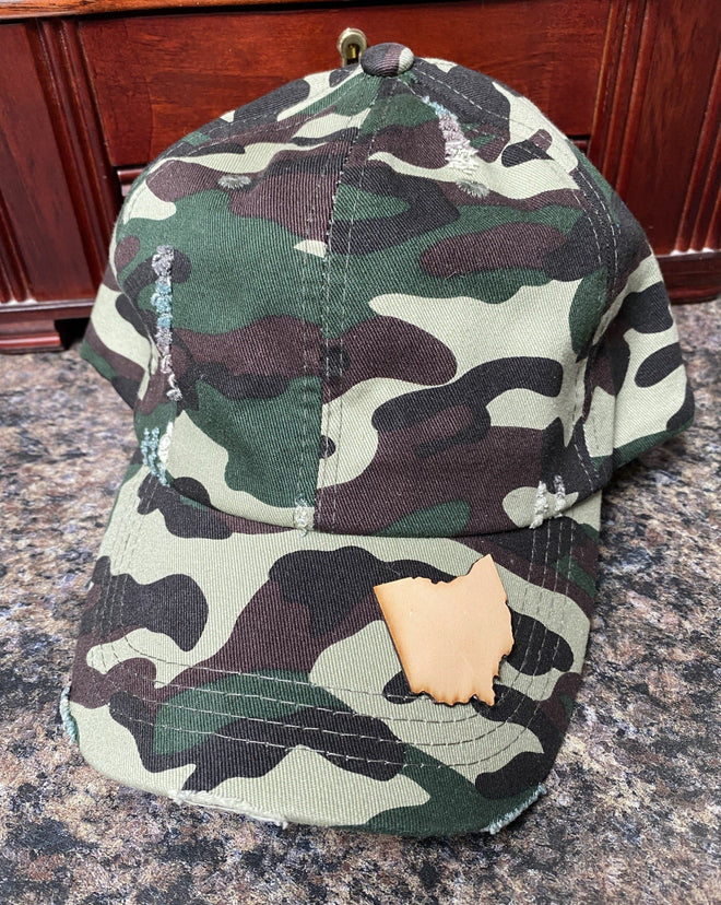 Ohio Leather Patch Camo Hat. Ohio Camouflaged Leather Truck Hat. Ohio Dad Ball Cap. - C & A Engraving and Gifts