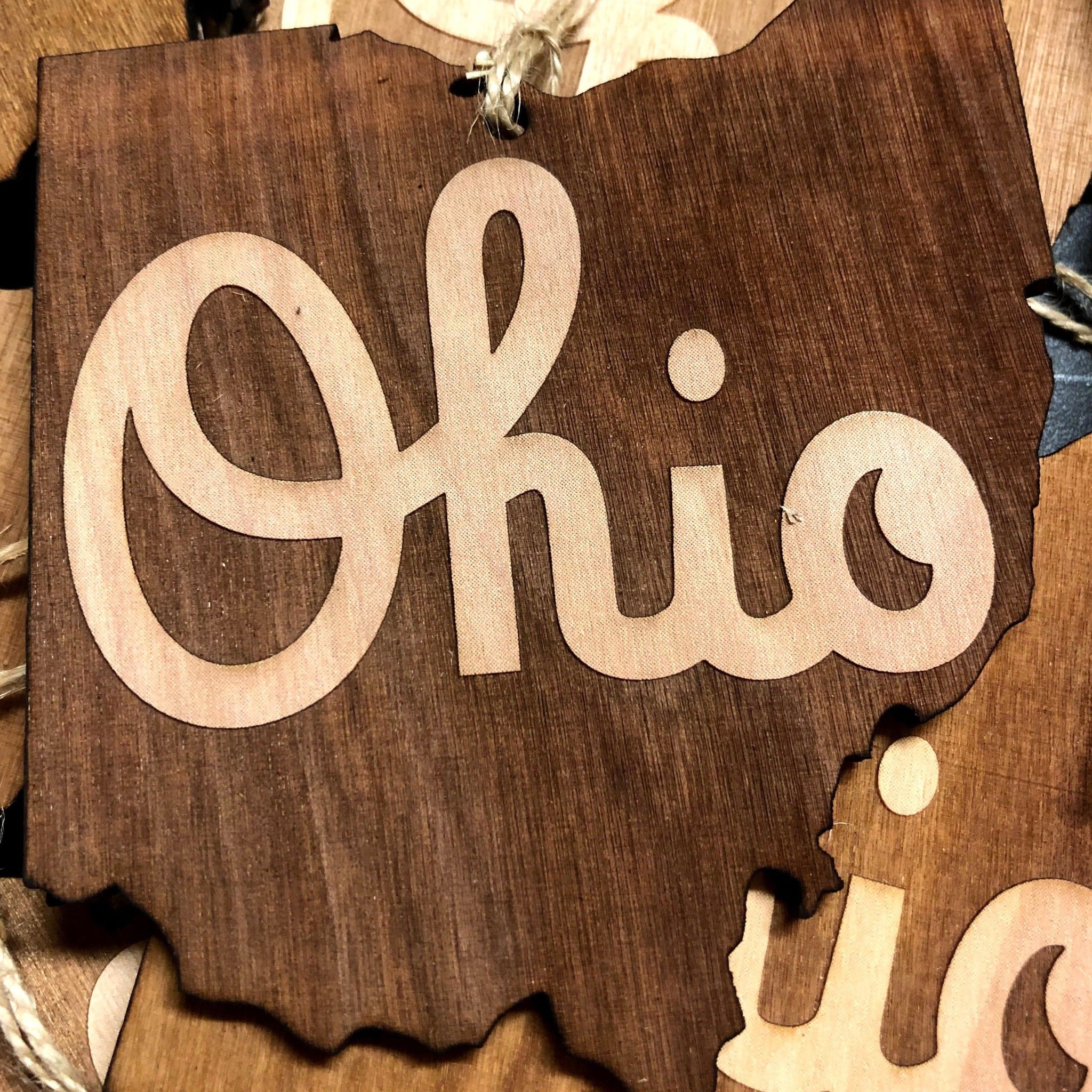 Script Ohio Shaped Wooden Ornament. Engraved Ohio Script Ornament. - C & A Engraving and Gifts