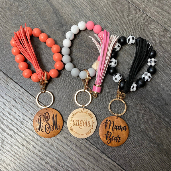 Personalized Name Wooden Wristlet Keychain. Initial Stretchy Bangle Wristlet with Engraved Pendant. Mama Bear Bangle Key Ring. - C & A Engraving and Gifts