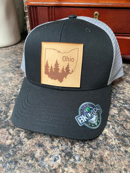 Ohio Leather Square Patch Hat. Ohio Outline with Trees Leather Truck Hat. Ohio Dad Ball Cap. - C & A Engraving and Gifts
