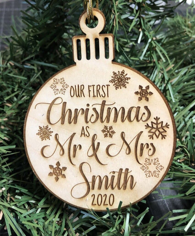 Our First Christmas Ornament. Engraved Wooden Mr and Mrs Ornament. - C & A Engraving and Gifts
