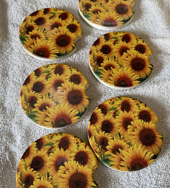 Sunflower Car Coasters. Ceramic Car Coaster with Sunflowers. - C & A Engraving and Gifts