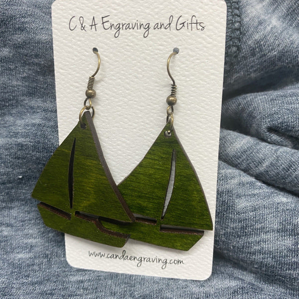 Wooden Sailboat Dangle Earrings. Stained Birch Wood Laser Cut Earrings. - C & A Engraving and Gifts