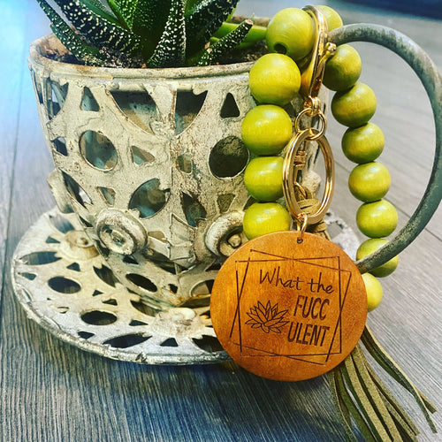 succulent wristlet What the Fucculent Wooden Wristlet Keychain. Stretchy Wooden Bangle Wristlet with Engraved Succulent Pendant. Bangle Key Ring. Gift for Her. Light