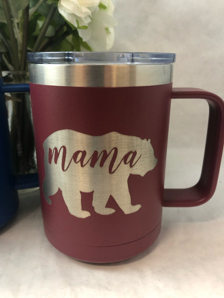 Mama Bear Tumbler Mug Engraved with Slide Lid. Papa Bear Engraved Coffee Cup. - C & A Engraving and Gifts