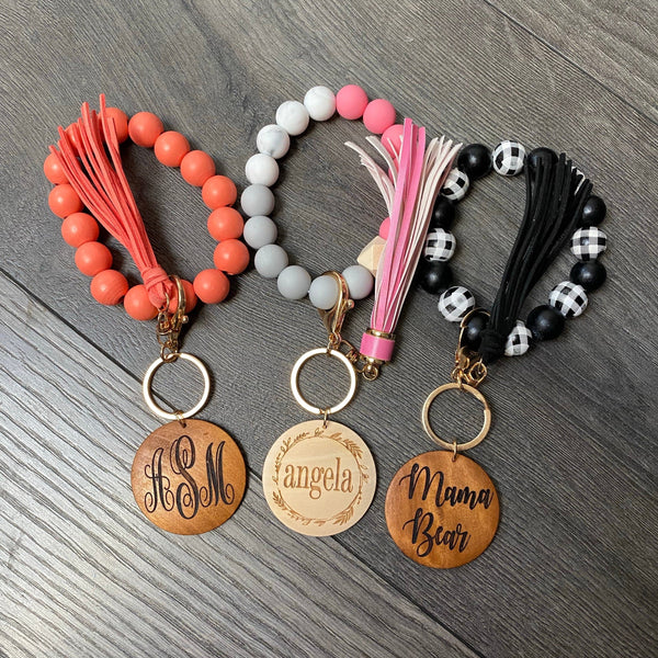 Personalized Name Silicone Wristlet Keychain. Initial Stretchy Bangle Wristlet with Engraved Pendant. Mama Bear Bangle Key Ring. - C & A Engraving and Gifts