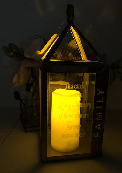 Family Rose Colored Lantern Memorial. In Memory of Lighted Engraved Lantern. - C & A Engraving and Gifts