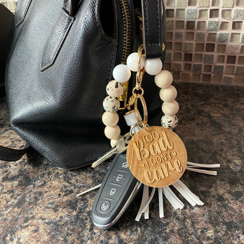 Logan County Ohio Schools WOODEN Wristlet Keychain. Stretchy Bangle Wristlet with Engraved Pendant. Bangle Key Ring. Gift for Her. - C & A Engraving and Gifts