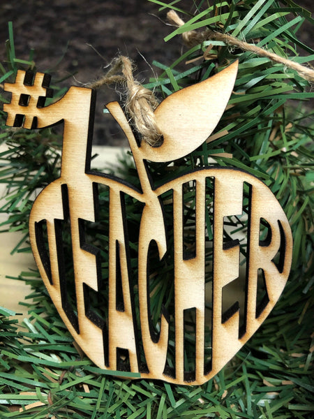 Teacher Ornament Wooden. Pencil Ornament. Apple Teacher Ornament. Teacher Christmas Ornament. - C & A Engraving and Gifts