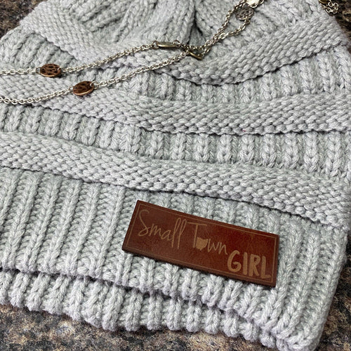 Adult Beanie Leather Patch Hat. Small Town Ohio Girl Beanie. - C & A Engraving and Gifts