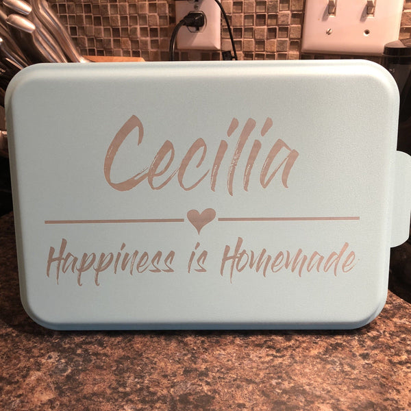 Personalized Cake Pan with Lid. Happiness is Homemade Design. - C & A Engraving and Gifts
