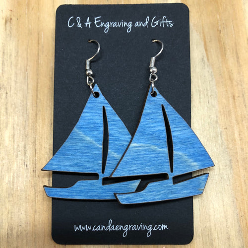 Wooden Sailboat Dangle Earrings. Stained Birch Wood Laser Cut Earrings. - C & A Engraving and Gifts