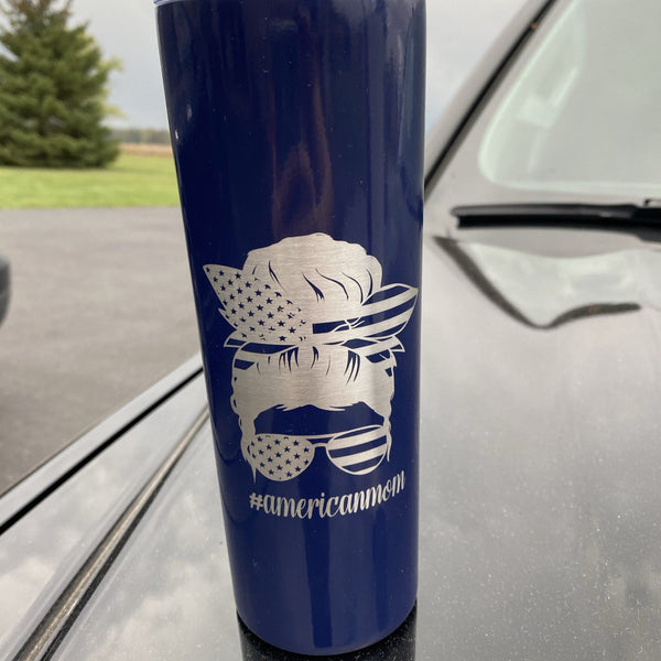 Messy Bun American Mom Skinny Tumbler. Engraved Patriotic Skinny Tumbler. - C & A Engraving and Gifts