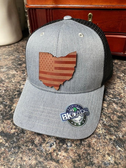 Custom Leather Ohio Flag Patch Hat. Ohio Leather Truck Hat. Laser Engraved Patch Hat. - C & A Engraving and Gifts