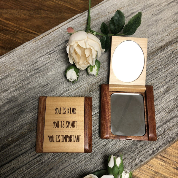 Compact Wooden Mirror. Flip Open Engraved Mirror. Mom Gift. Teen Gift. - C & A Engraving and Gifts