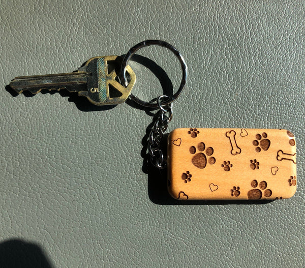 Wooden Dog Keychain. Rectangular Maple Dog Key Ring. - C & A Engraving and Gifts