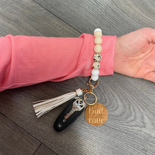 Personalized Name Wooden Wristlet Keychain. Initial Stretchy Bangle Wristlet with Engraved Pendant. Mama Bear Bangle Key Ring. - C & A Engraving and Gifts