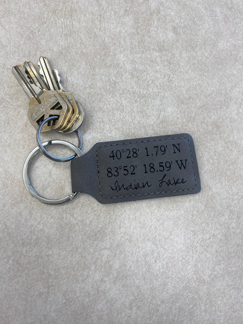 Indian Lake Coordinates Keychain. - C & A Engraving and Gifts