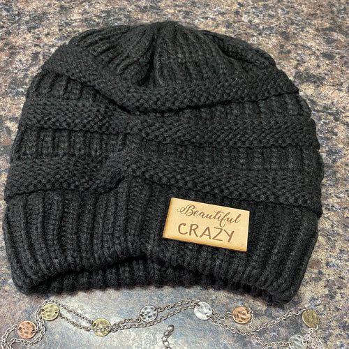 black beanie with beautiful crazy light leather patch