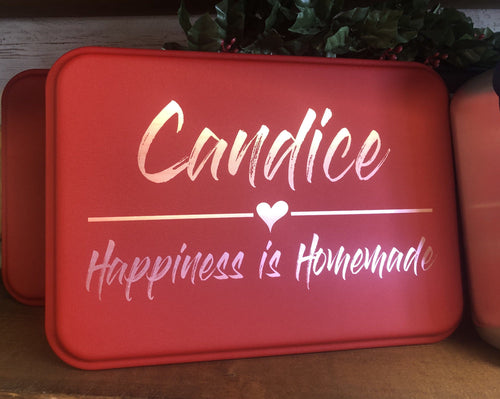 Personalized Cake Pan with Lid. Happiness is Homemade Design. - C & A Engraving and Gifts