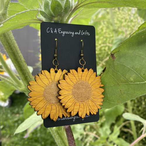 Sunflower Earrings. Stained Birch Wooden Sunflower Dangle Earrings. - C & A Engraving and Gifts