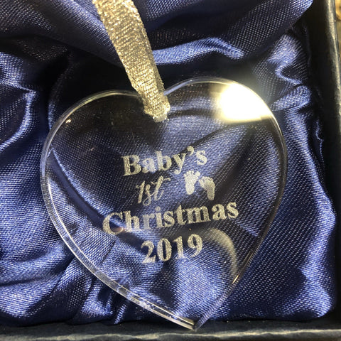 Baby’s First Christmas Ornament. Glass Heart Shaped Ornament. - C & A Engraving and Gifts