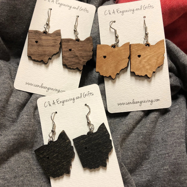 Wooden State of Ohio Dangle Earrings. Ohio Wooden Earrings. - C & A Engraving and Gifts