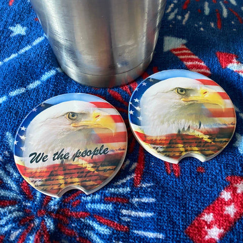 America Car Coasters. Ceramic Car Coaster with Eagle and USA Flag. - C & A Engraving and Gifts