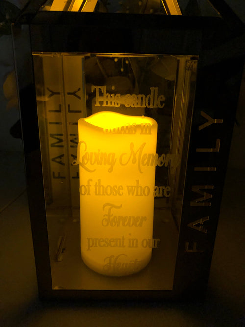 Family Rose Colored Lantern Memorial. In Memory of Lighted Engraved Lantern. - C & A Engraving and Gifts