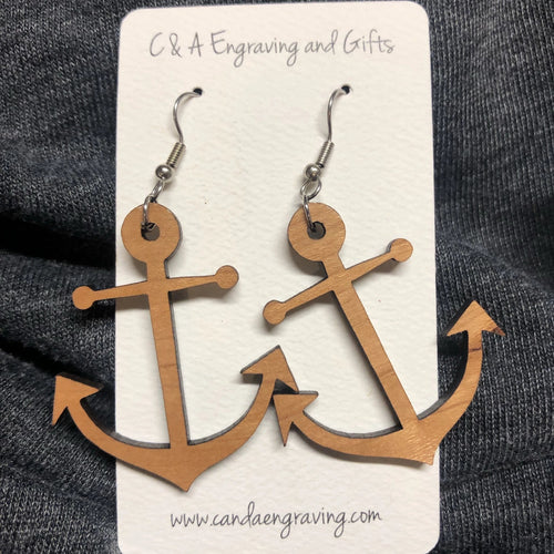 Wooden Anchor Dangle Earrings. Stained Birch Wood Laser Cut Earrings. - C & A Engraving and Gifts