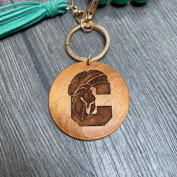 Logan County Ohio Schools WOODEN Wristlet Keychain. Stretchy Bangle Wristlet with Engraved Pendant. Bangle Key Ring. Gift for Her. - C & A Engraving and Gifts