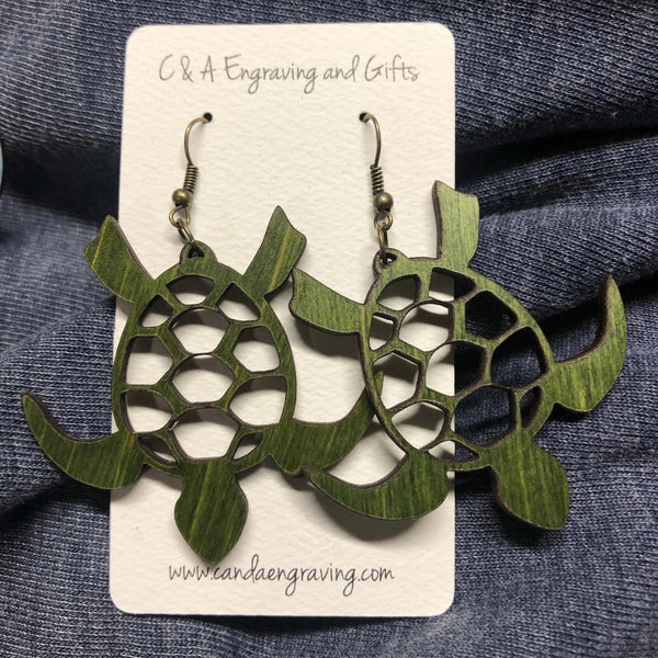 Wooden Turtle Dangle Earrings. Stained Birch Wood Laser Cut Earrings. - C & A Engraving and Gifts