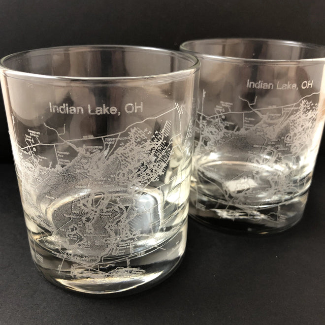 Indian Lake Map Engraved Whiskey Glass. - C & A Engraving and Gifts