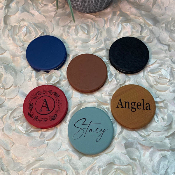 Bachelorette Party Favors. Bridesmaid Gift. Personalized Engraved Leatherette Mirror. Compact Mirror Favors. - C & A Engraving and Gifts