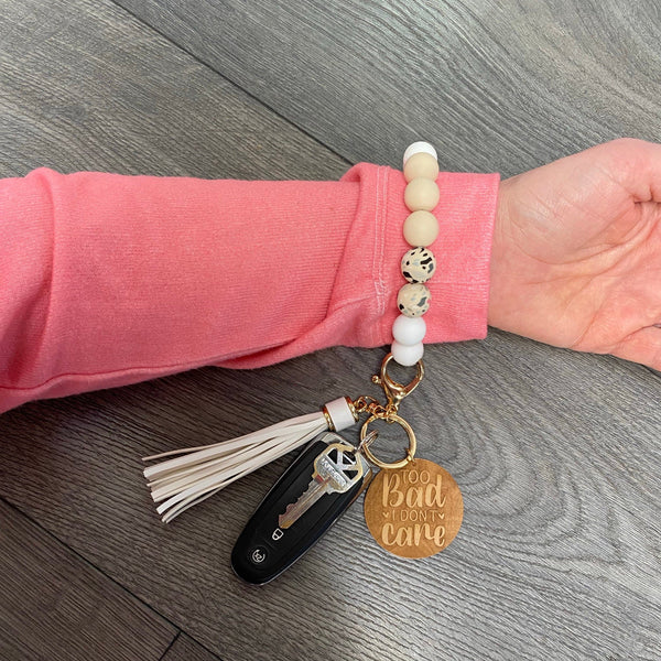 Logan County Ohio Schools WOODEN Wristlet Keychain. Stretchy Bangle Wristlet with Engraved Pendant. Bangle Key Ring. Gift for Her. - C & A Engraving and Gifts