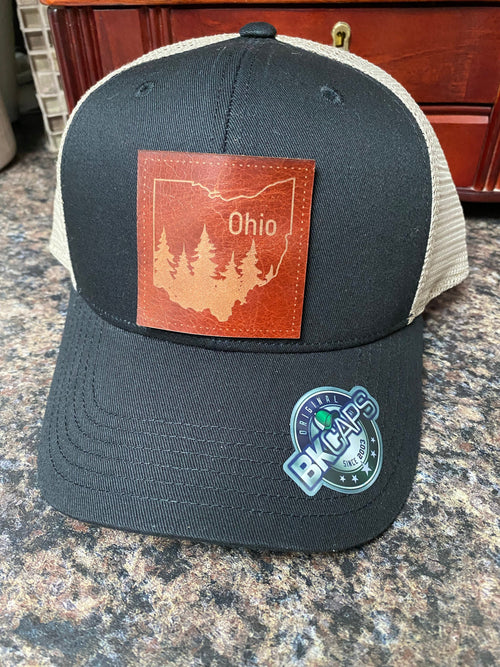 Custom Leather Patch Hat. Ohio Leather Truck Hat. Laser Engraved Patch Hat. Light Tan / Black/Tan