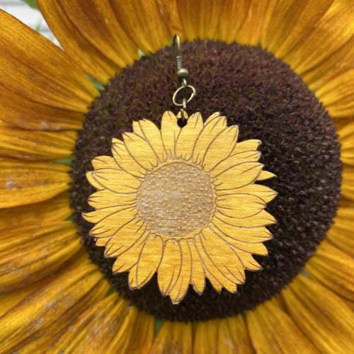 Sunflower Earrings. Stained Birch Wooden Sunflower Dangle Earrings. - C & A Engraving and Gifts