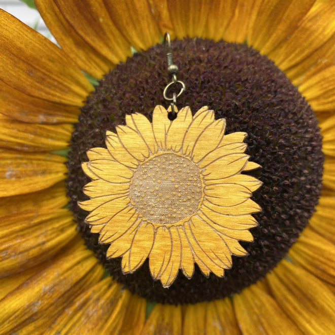 Sunflower Earrings. Stained Birch Wooden Sunflower Dangle Earrings. - C & A Engraving and Gifts