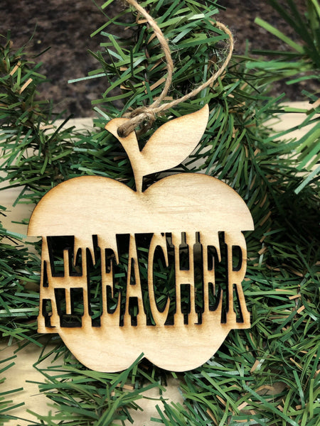 Teacher Ornament Wooden. Pencil Ornament. Apple Teacher Ornament. Teacher Christmas Ornament. - C & A Engraving and Gifts